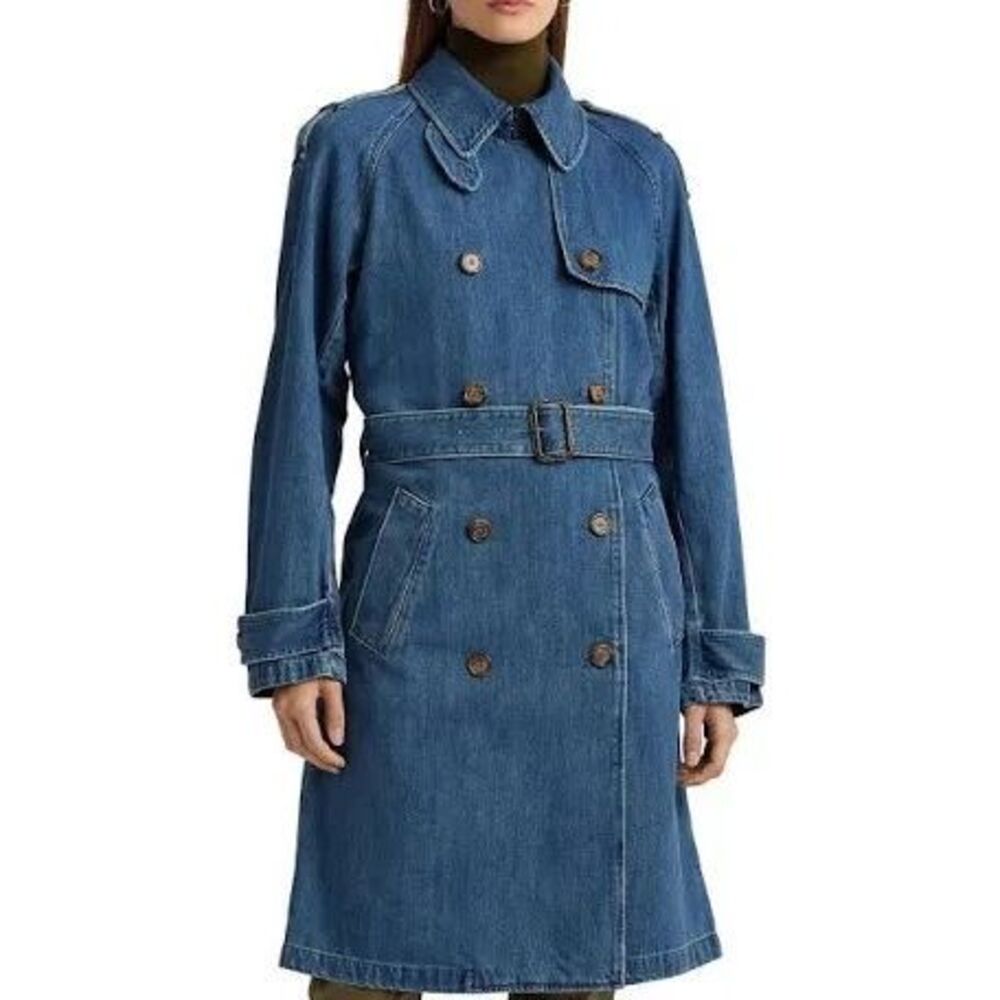 Lauren Ralph Lauren Denim Trench Coat Women Size 16 Blue Belted Chambray Jacket